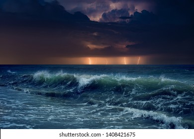 Huge lightnings in dark stormy sky above waving sea, climate change and weather forecast concept
