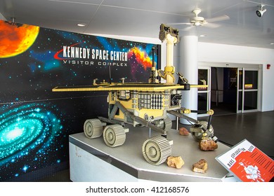 Huge Lunar Rover Made Out Of Lego Pieces Standing At The Kennedy Space Center Museum In Florida.