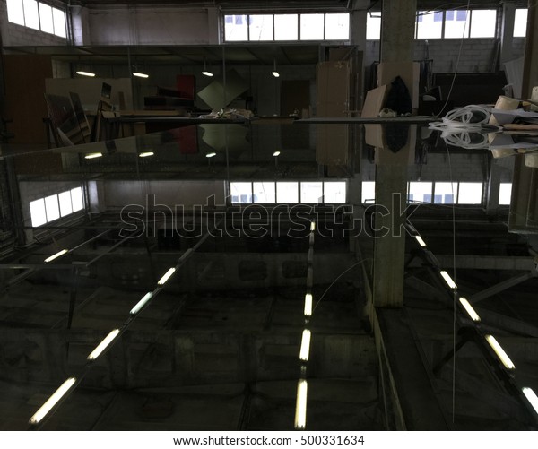 Huge Mirror On Table Reflects Ceiling Stock Photo Edit Now