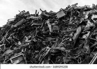 A huge mountain of metal pieces of different origin accumulated in a scrap yard near Sierra de Fuentes, Extremadura, Spain.