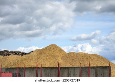 Huge Mountain Of Sawdust In A Concept Of Energy Crisis And Energy Shortage With Blue Sky In The Background