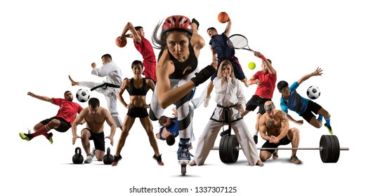 Huge multi sports collage roller skating, taekwondo, tennis, karate, soccer, basketball, football, bodybuilding, etc