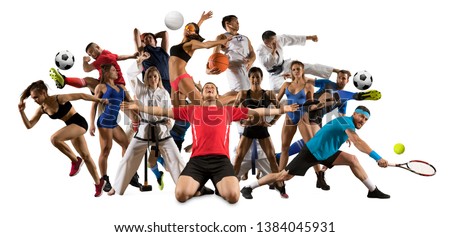 Huge multi sports collage taekwondo, volleyball, tennis, soccer, basketball, football, bodybuilding, etc. On white background