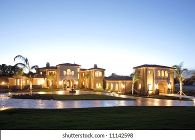A huge new luxury home at sunset