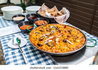 Huge Paella Pan Plate With Seafood And Rice Traditional Spanish Food