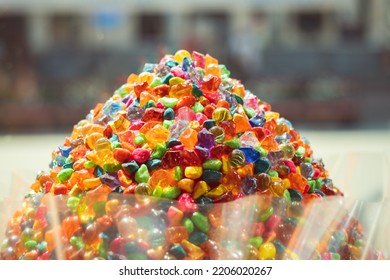 Huge Pile Of Colorful Jelly Sweets On The Candy Shop Window