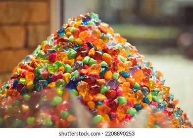 Huge Pile Of Colorful Jelly Sweets On The Candy Shop Window