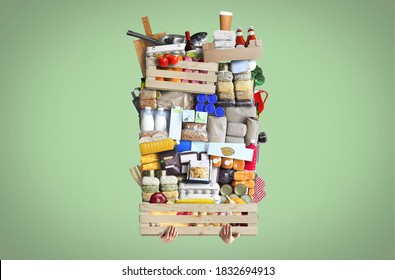 A Huge Pile Of Food Stacked On A Wooden Crate. Food Concept.	