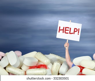 A Huge Pile Of Various Pills With A Man's Hand Coming Out Of The Pills Holding A Sign That Says HELP! Representing Drug Abuse, Addiction, Chronic Pain, Medication Confusion, And Medical Guidance Help.