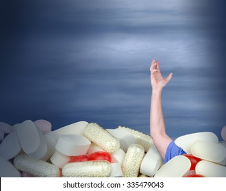 A Huge Pile Of Various Pills With A Man's Hand Coming Out Of The Pills Holding A Sign That Says HELP! Representing Drug Abuse, Addiction, Chronic Pain, Medication Confusion, And Medical Guidance Help.