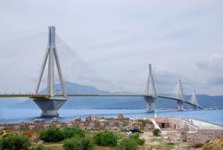 The Huge Rio-Antirio Bridge Near Patra, Greece. This Is The Largest Cable Bridge In The World. Picture Taken With A Nice Perspective From The Old Fort On The Rio Bank.