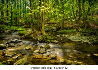 Huge Rocks And The Flowing Waters Of Eno River Captured During Winter Season. This Is One Of The Best Parks In Durham, North Carolina For Nature Hikes And Camping, Just Few Miles From Duke University.