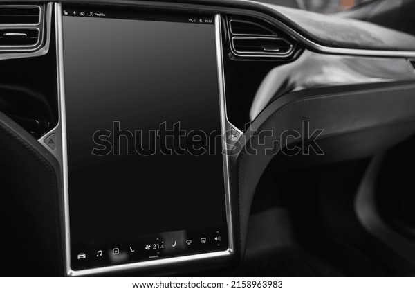 Huge screen inside\
modern car close up