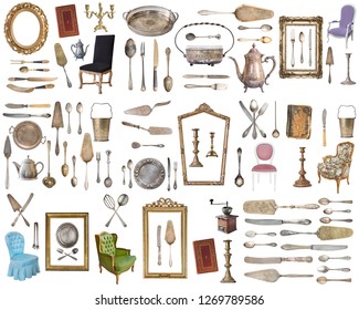 Huge set of antique items.Vintage household items, silverware, furniture and more. Isolated on white background.