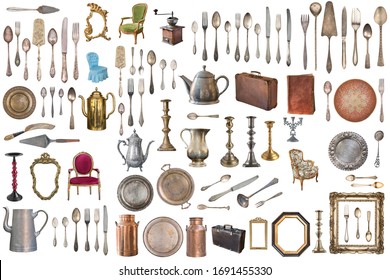 Grosses Set von antiken Gegenständen.Vintage Haushaltsartikel, Silberwaren, Möbel und mehr. Einzeln auf weißem Hintergrund.
