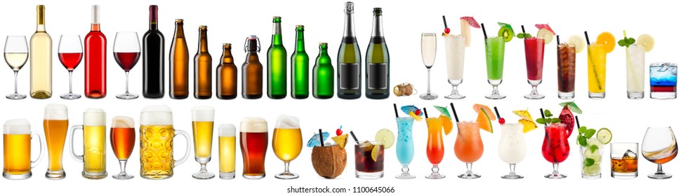 huge set collection of alcoholic beverages wine champagne beer colorful cocktails glass and bottles isolated on white background