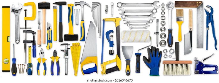 Huge Set Collection Of Yellow Blue And Wooden Diy Hand Tools Isolated On White Background