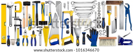 huge set collection of yellow blue and wooden diy hand tools isolated on white background