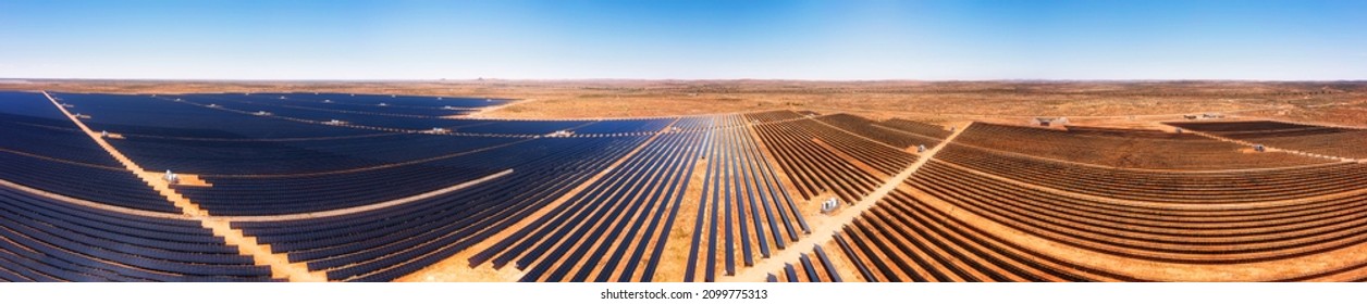 Huge Solar Panel Farm Power Plant Near Broken Hill Town In Australian Outback - Wide Aerial Panorama.