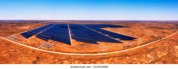 Huge Solar Panel Power Plant At Broken Hill City In Australian Outback - Wide Aerial Panorama.