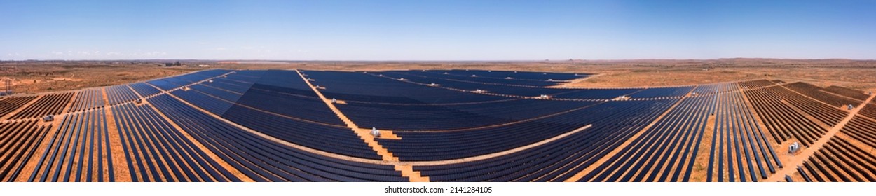 Huge Solar Panels Renewable Power Plant At Broken Hill Mining City Of Australian Outback - Wide Aerial Panorama.