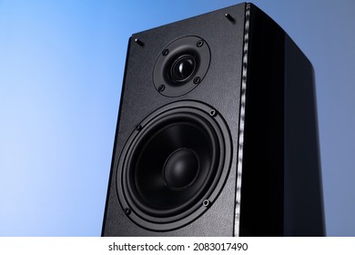 Huge Speaker For Listening To Music On A Blue Background, Bottom View