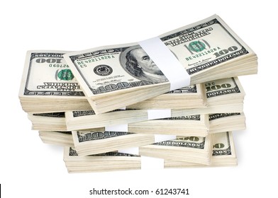 Huge Stack Of Prop Money. Bundled In $10000 Dollar Stacks. Isolated On White.