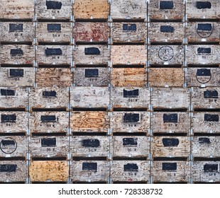 Huge Stacks Of Wooden Crates Await The Apple Harvest In Washington State. Some Of The Boxes Have Marks Indicating Quality Apples.