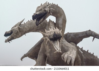 A huge stone dragon with three heads and wings. Kudykina Mountain. Lipetsk region. Russia. January 2021