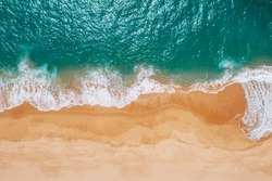 Huge Turquoise Waves Breaking On A Lonely Sandy Beach On Sri Lanka Island Near Tangalle Town Hambantota District. Traveling Or Exotic Asian Countries Aerial Drone Point View Concept.
