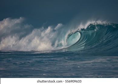 Huge waves crashing in ocean. Seascape environment background. Water texture with foam and splashes. Hawaiian surfing spots with nobody
