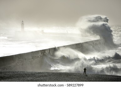 Huge Waves Striking Newhaven Breakwater, UK, During A Winter Storm