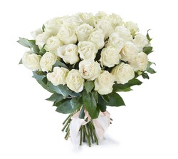 Huge White Mondial Roses Bouquet Isolated On White Background. Luxury Bouquet For Valentines Day. Celebration Of Engagement Or Wedding.