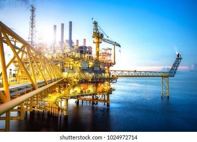 A Huge Yellow Of Offshore Oil Rig Drilling Platform In The Gulf Of Thailand,Process Platform For Production Oil And Gas,Petroleum Production And Exploration Industrial 