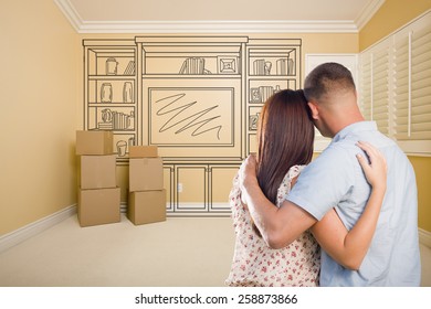 Hugging Military Couple In Empty Room With Shelf Design Drawing On Wall.