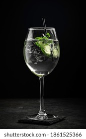 Hugo Cocktail With Prosecco, Lime, Ice, Mint And Melissa Syrup On A Stone Background, Aperitif Drink