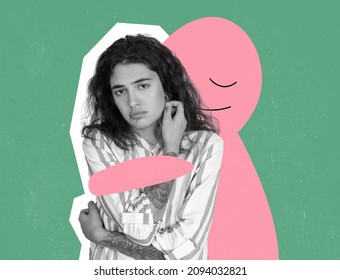 Hugs. Sad offended young girl and cute drawn cartoon little man- blot on bright background. Concept of social issues, mentality, psychology, care. Artwork. Copy space for ad. Green and pink - Shutterstock ID 2094032821