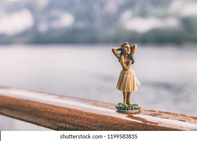 Hula Dancer Hawaii Souvenir Girl Doll On Cruise Ship Deck Travel Trip - Funny Vacation Concept Background. Autumn Alaska Holiday.