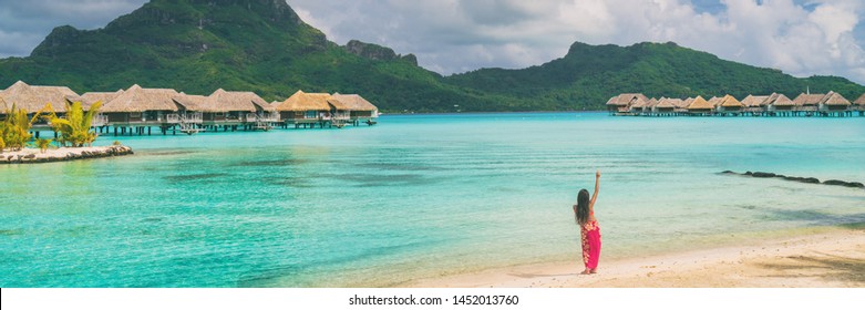 Hula Dancer Woman Dancing At Luau Beach Panoramic Polynesian Traditional Dance. Tourist Attraction Activity At Luxury Resort, Tahiti.