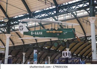 HULL, ENGLAND - JULY 5 2017: A Bi Plane Suspended From The Roof Of Hull Paragon Interchange.