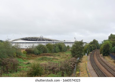 HULL, ENGLAND - OCTOBER 15, 2019: View Of KCOM Stadium And Railway Tracks In Hull, England