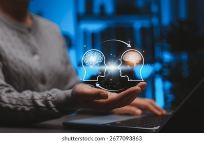 Human and AI Knowledge Transfer and Collaboration Concept. Person interacting with icons showing human brain and AI brain, symbolizing artificial intelligence, machine learning, and knowledge exchange