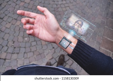 human arm with digital implants and microchips under the skin of the future.
futuristic technology with biometric implants
