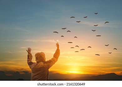 Human with arms up to the sky asking for help and free bird enjoying nature on sunset background, hope concept - Shutterstock ID 2161320649