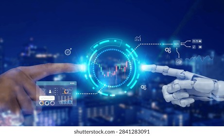 Human and artificial intelligence collaborating through a futuristic financial interface with stock market charts, analytics and connected data systems. The concept represents AI assisted investment, financial analysis, fintech and intelligent decision making. Suitable for algorithmic trading, investment technology, market forecasting, financial automation, data analytics and human AI collaboration.