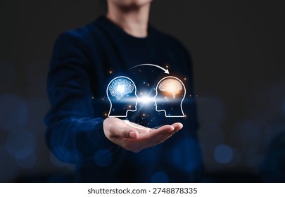Human and artificial intelligence collaboration concept. Person presenting digital AI brain interface showing knowledge exchange, machine learning interaction, human AI synergy in advanced technology,
