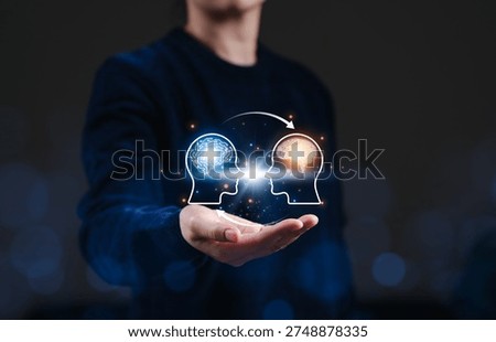 Human and artificial intelligence collaboration concept. Person presenting digital AI brain interface showing knowledge exchange, machine learning interaction, human AI synergy in advanced technology,
