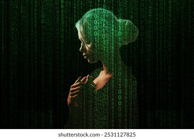 Human and artificial intelligence, creative idea. Green binary code and AI, concept. Cyber ​​future. Digital woman