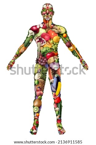 Human body is made of fruit and vegetables and eating healthy or vegan and veganism as a group of fresh ripe fruits and nuts with beans as a symbol for eating green biological natural food.