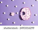 Human brain anatomy missing a piece of jigsaw puzzle with medicine pills on purple background. Treatment of Alzheimer